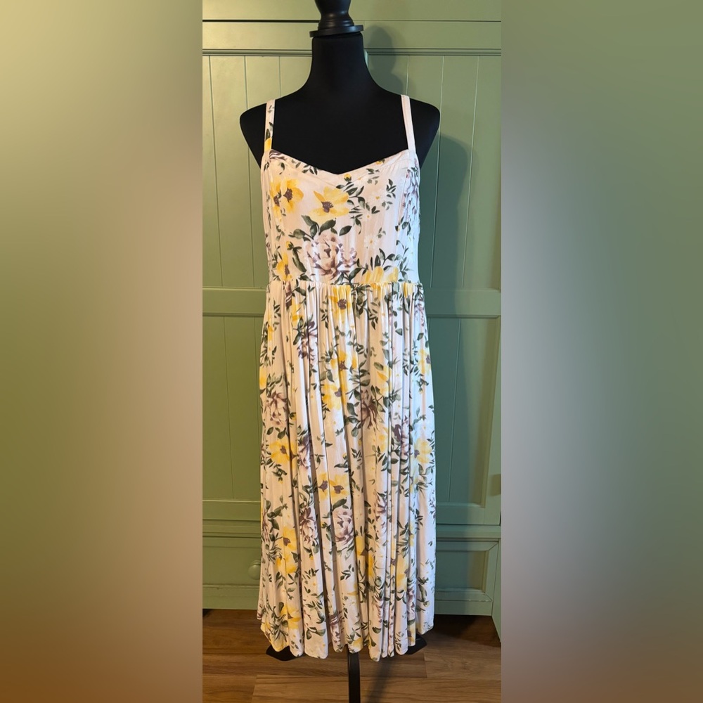 Torrid Ivory Floral Challis Midi Skater Sleeveless Dress - Picture 7 of 9